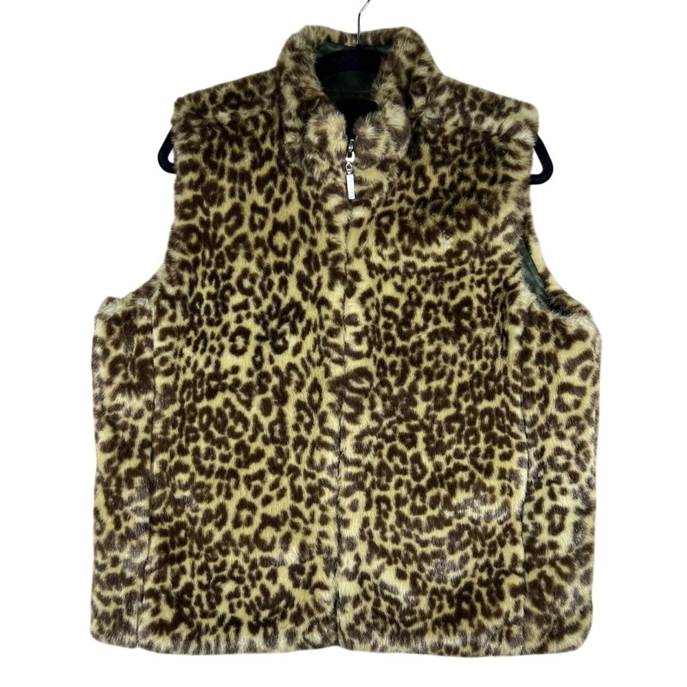 Guess Faux Fur Leopard Print Zip Up Vest Y2K Reversable Sleeveless Jacket Coat